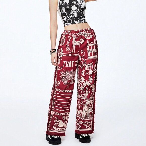 MODA ME COUTURE Pants - Multicolor Casual Women's Exotic Style Printed Tassel Baggy Pants